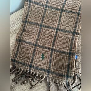 Polo Ralph Lauren Merino Wool Scarf, Reversible Brown/Green Plaid and Brown